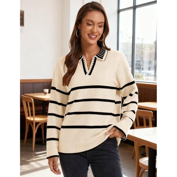 Women’s Apricot Fall Polo Sweater Striped V Neck Long Sleeve Pullover - Picture 6 of 7